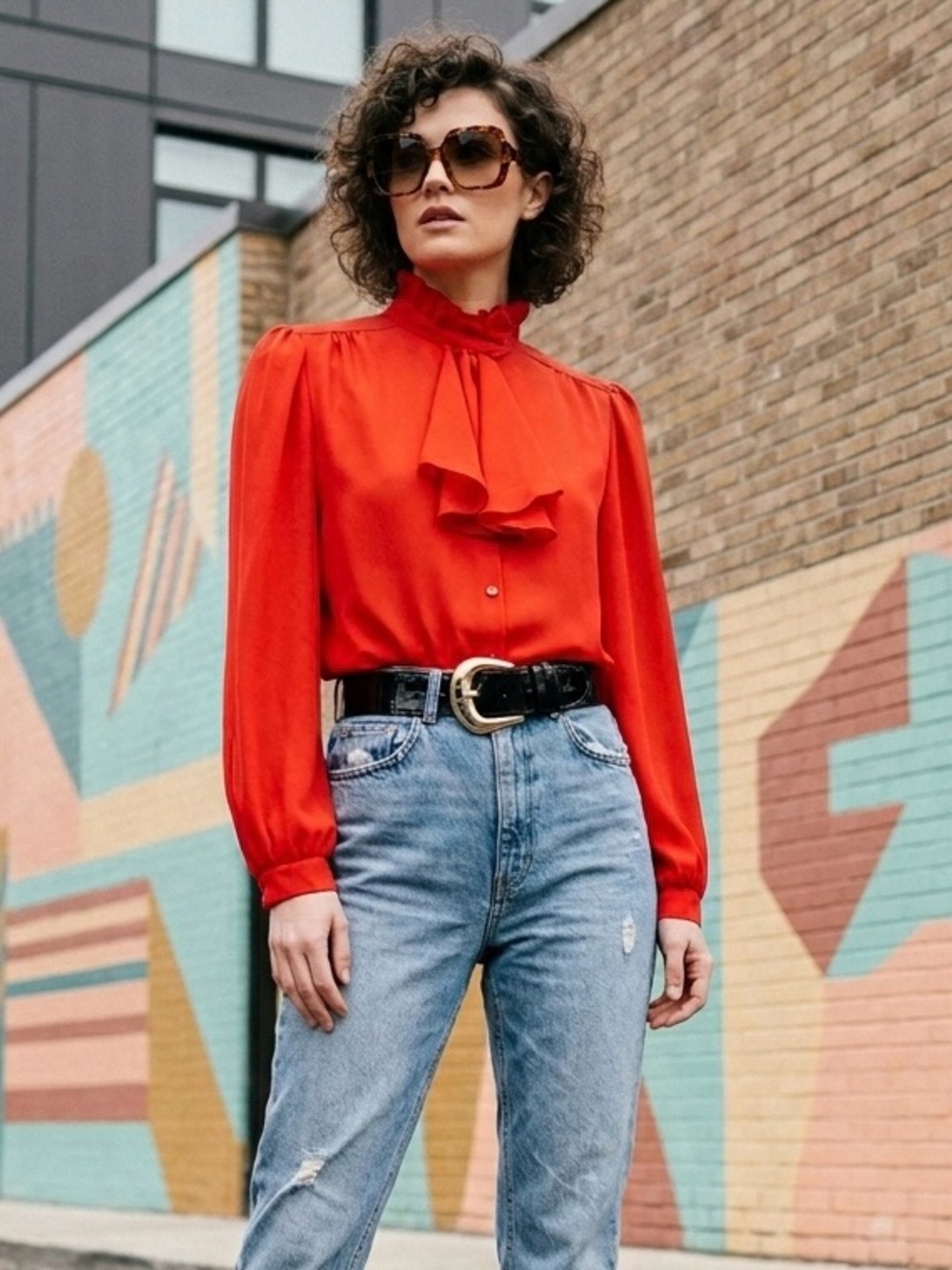 Vintage 80s Units Ruffle High Neck Bow Long Sleeve Blouse Red Secretary Size 10